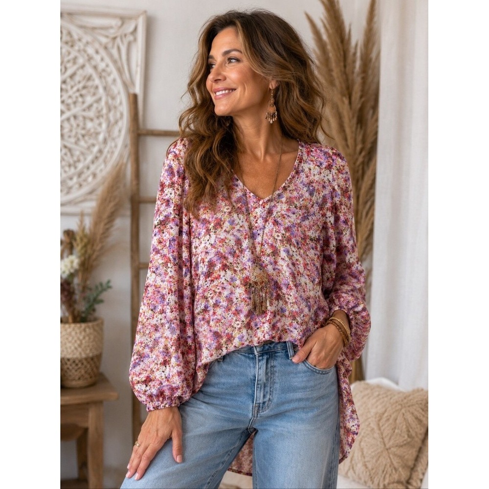 Philosophy abstract print blouse w/hi-lo hem, semi-sheer colorful blouse size Sm